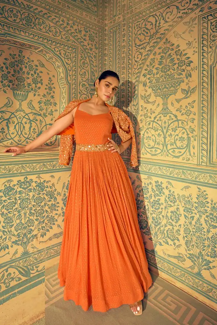 Orange embroidery ,sequins & moti georgette gown pant suit- free size stitched(size upto 42")