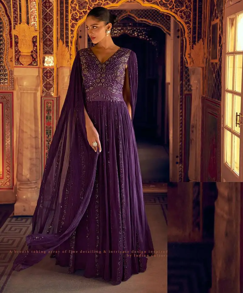 Purple embroidery , sequins & moti georgette gown pant suit- free size stitched(size upto 42")