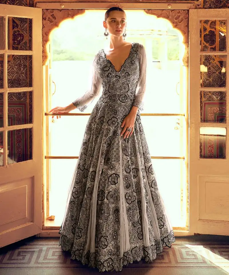 Grey embroidery , sequins & moti georgette gown pant suit- free size stitched(size upto 42")