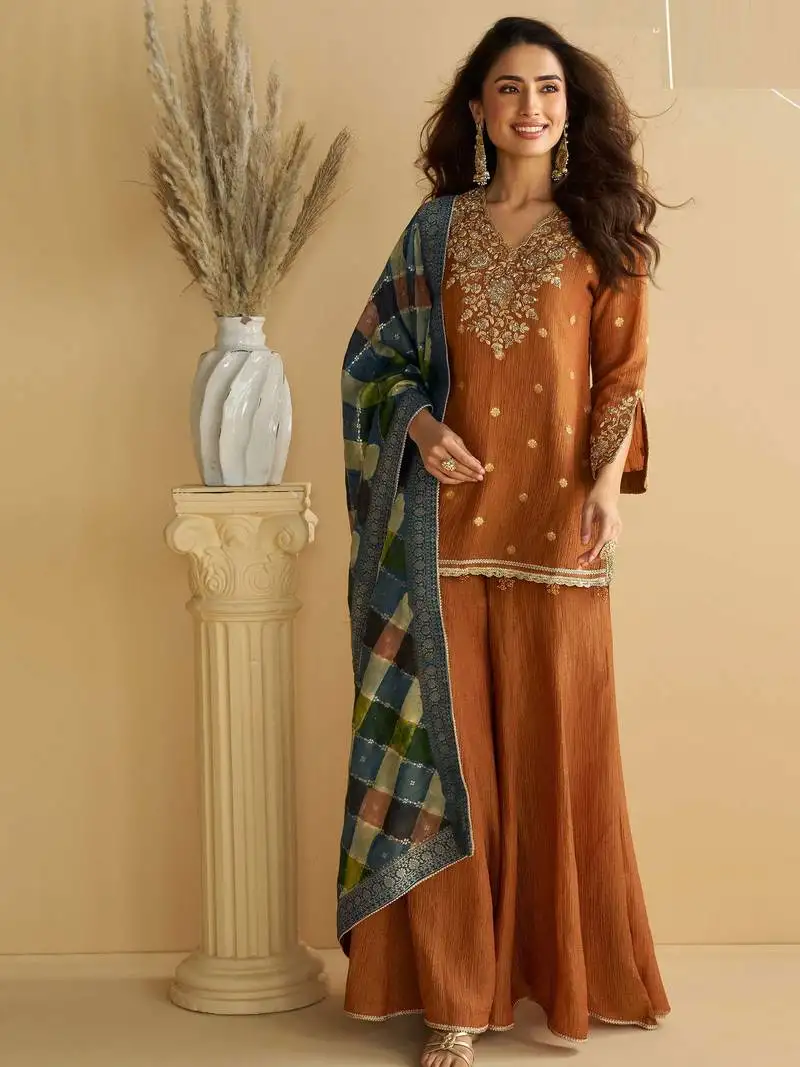 Rust zari embroidery , sequins , beads & printed chinnon straight sharara suit- free size stitched(size upto 42")