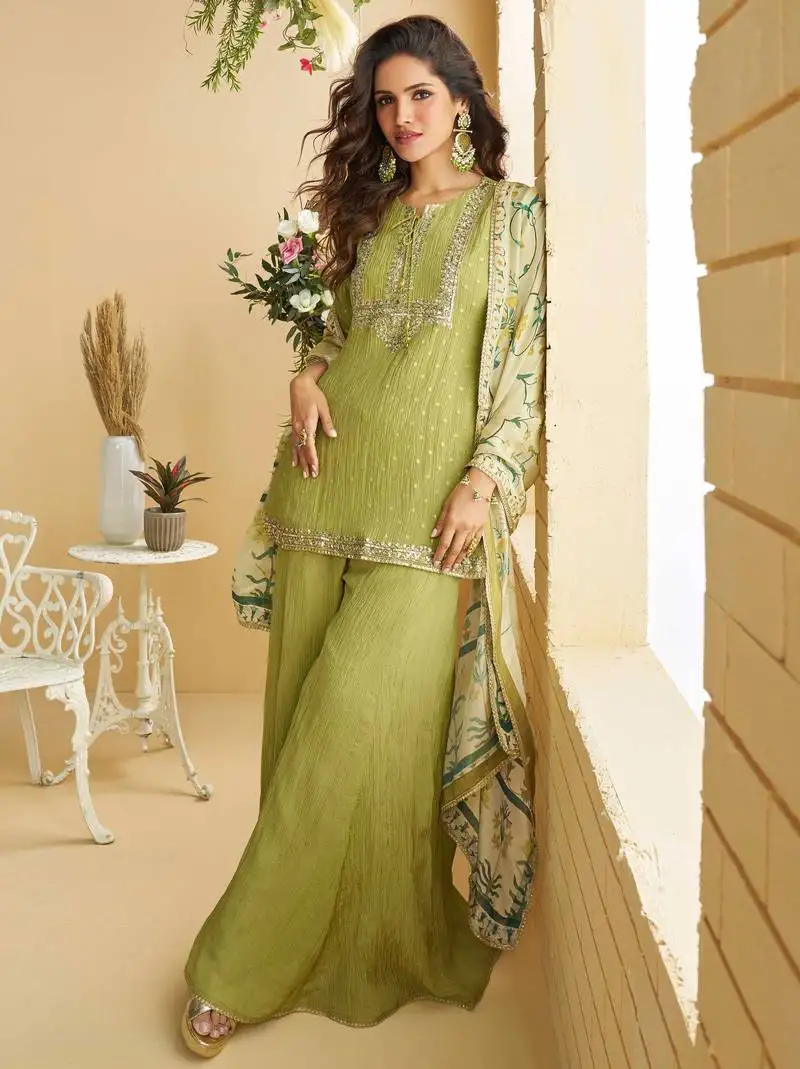 Green zari embroidery , sequins , beads & printed chinnon straight sharara suit- free size stitched(size upto 42")