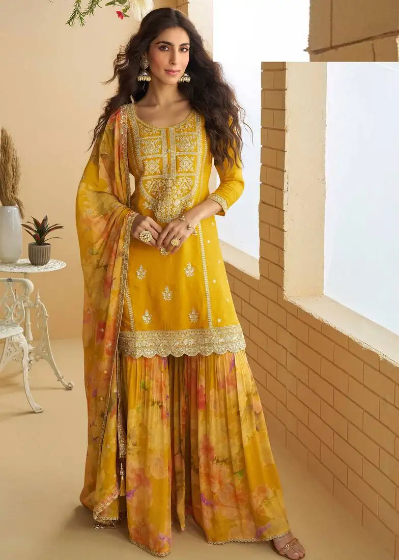 Mustard zari embroidery , sequins , beads & printed chinnon straight sharara suit- free size stitched(size upto 42")