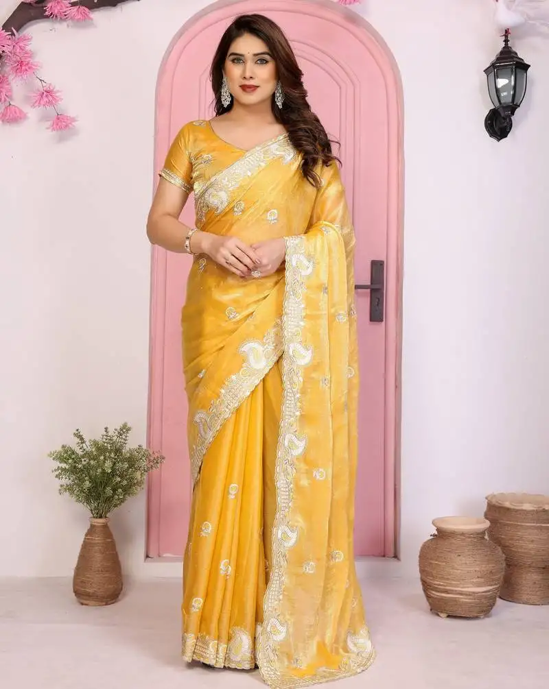 Yellow color frendy chiffon fabric designer embroidery and swarovski work partywear saree