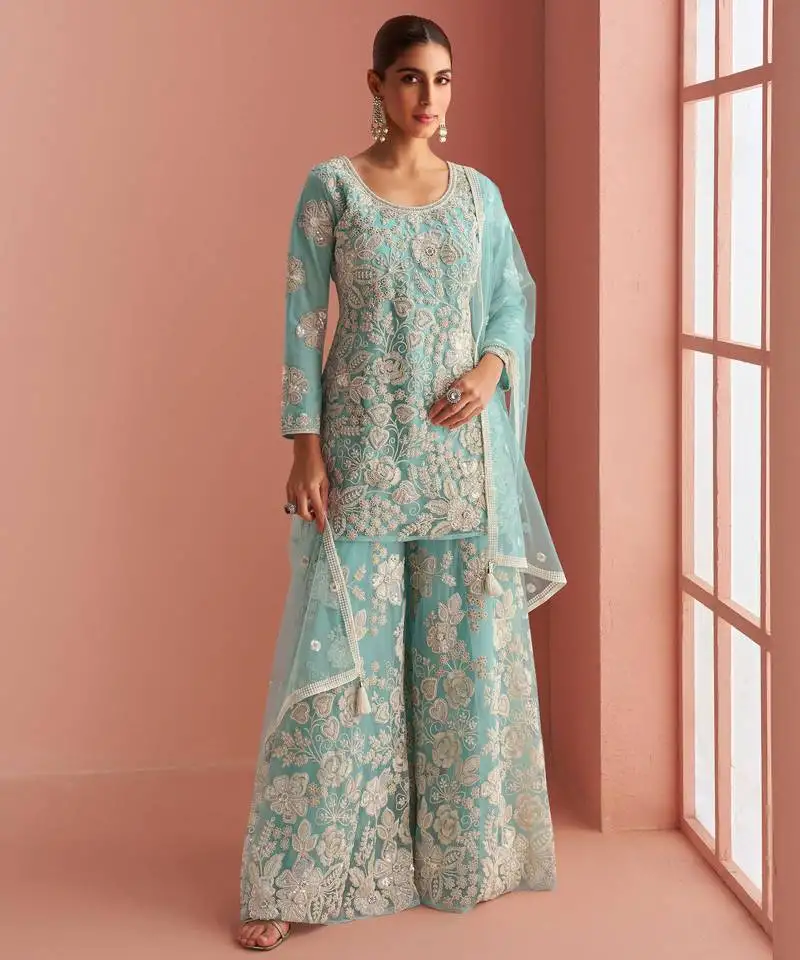 Blue embroidery , sequins & beads net straight palazzo suit- free size stitched(size upto 42")