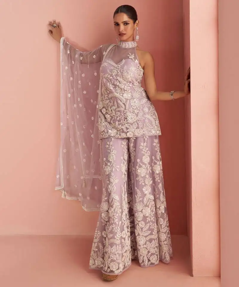 Lilac embroidery , sequins & beads net straight palazzo suit- free size stitched(size upto 42")