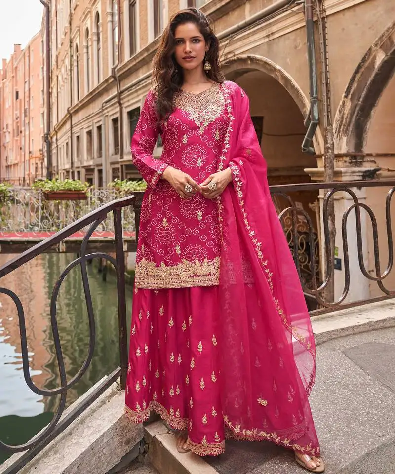 Rani pink embroidery sequins & digital printed chinnon silk straight palazzo suit- free size stitched(size upto 42")