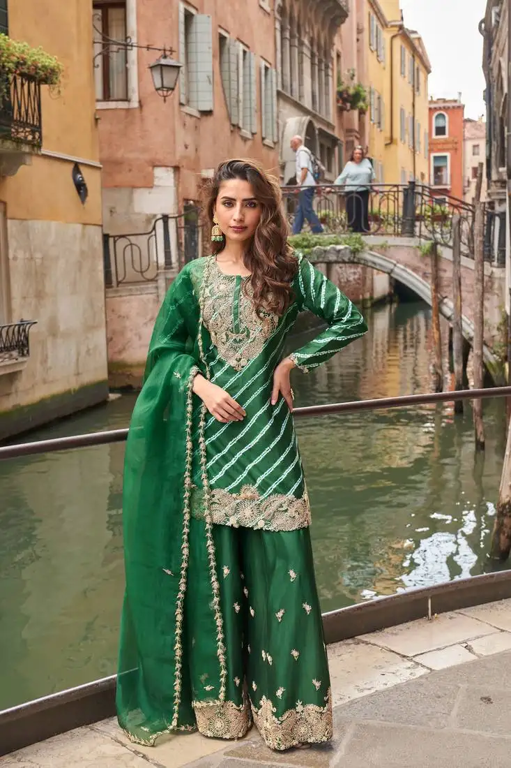 Green zari embroidery sequins & digital printed chinnon silk straight palazzo suit- free size stitched(size upto 42")