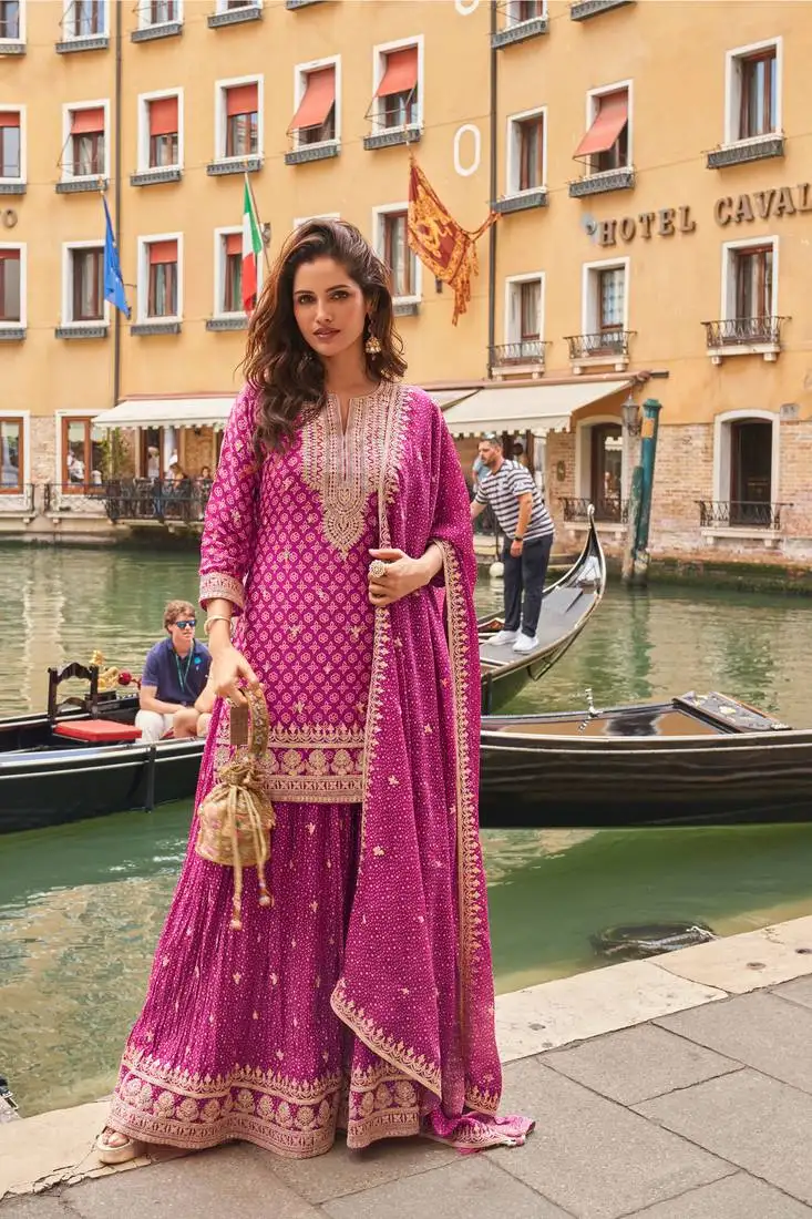 Pink zari embroidery sequins & digital printed chinnon silk straight palazzo suit- free size stitched(size upto 42")