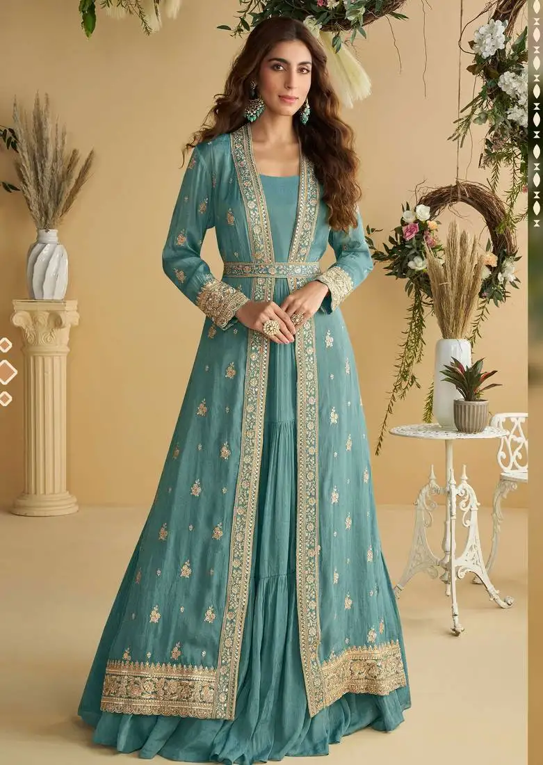 Light blue zari embroidery , sequins chinnon anarkali gown pant suit- free size stitched(size upto 42")
