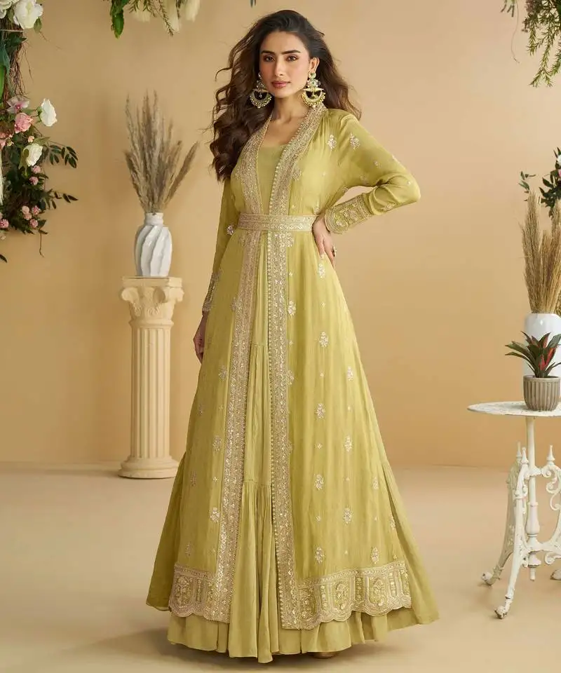 Light yellow zari embroidery , sequins chinnon anarkali gown pant suit- free size stitched(size upto 42")