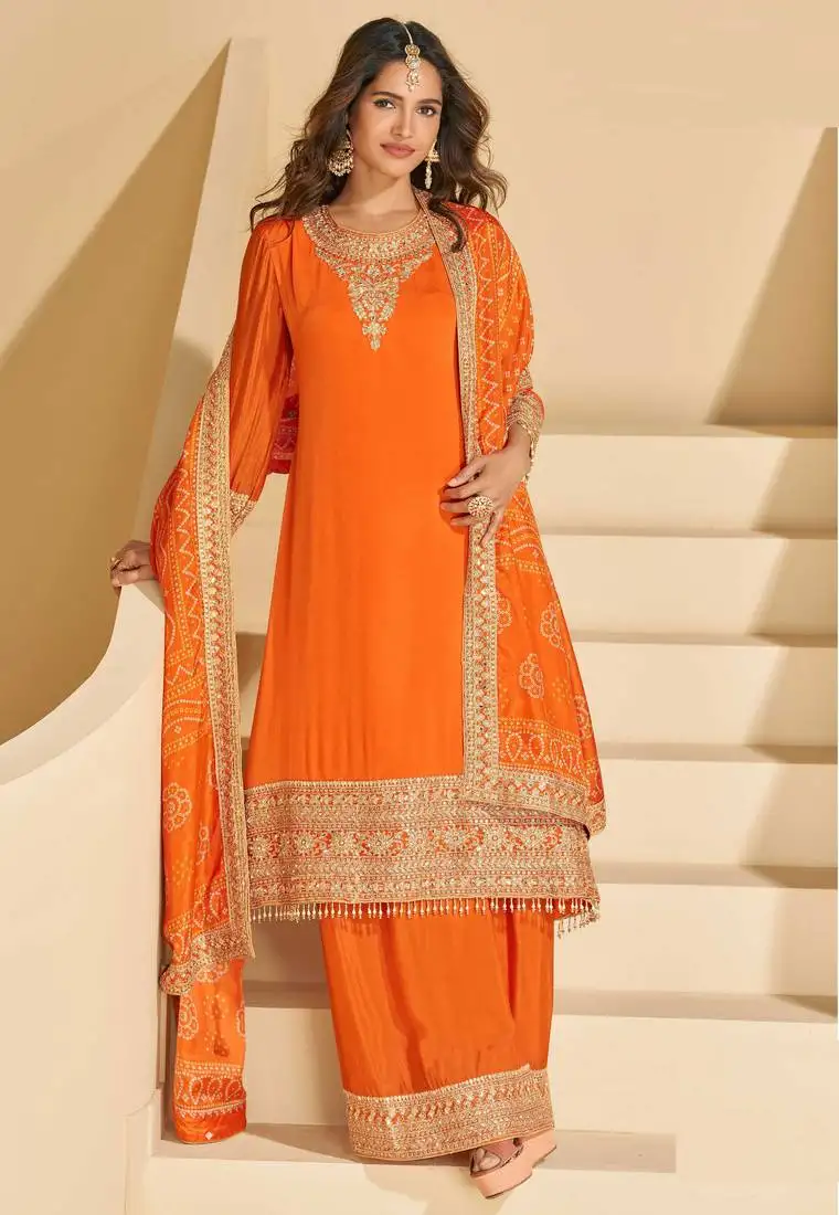 Orange chinnon straight palazzo suit with zari embroidery, beads, embellished & mirror work, free size up to 42" stitched