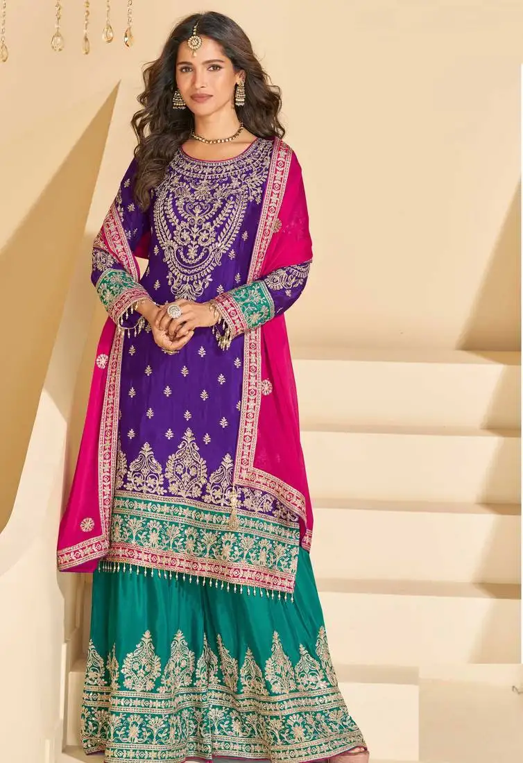 Purple chinnon straight palazzo suit with zari embroidery, beads, embellished & mirror work, free size up to 42" stitched