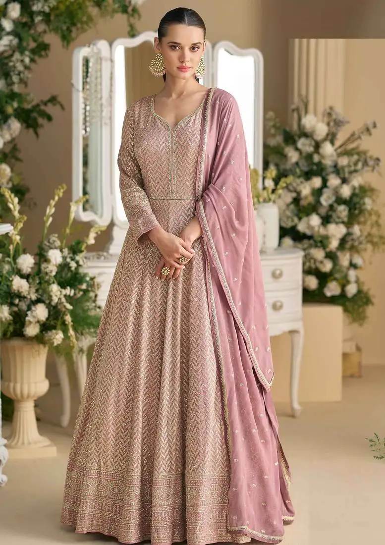 Mauve georgette anarkali gown palazzo suit with seroski zarkan, thread embroidery, beads & sequins, free size up to 42" stitched