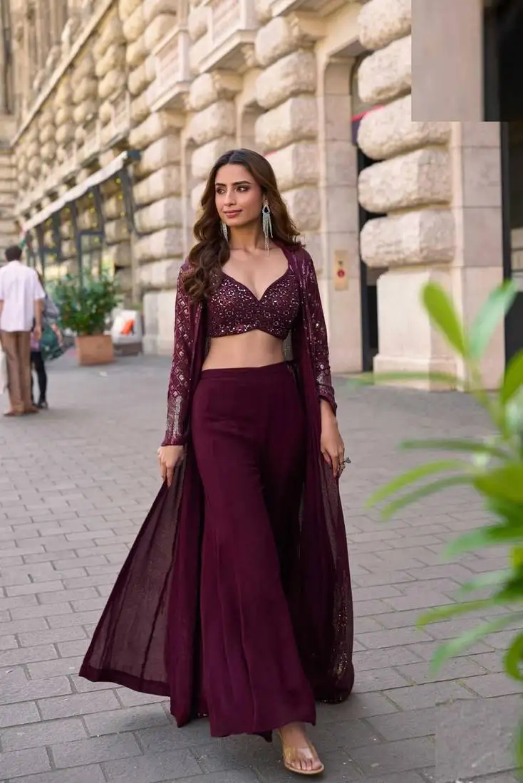 Wine chinnon silk kaftan gharara suit with embroidery, sequins, mirror, gota & tassel work, free size stitched up to 42"