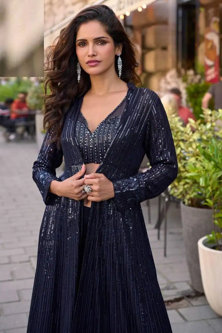 Blue chinnon silk kaftan gharara suit with embroidery, sequins, mirror, gota & tassel work, free size stitched up to 42"