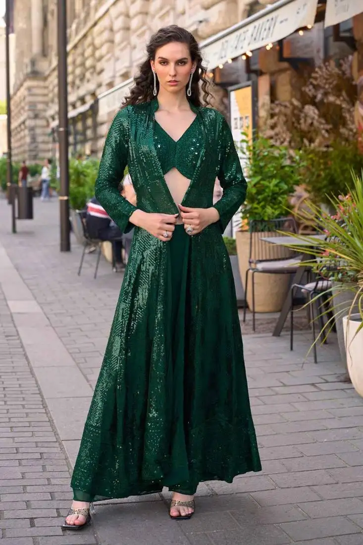 Green chinnon silk kaftan gharara suit with embroidery, sequins, mirror, gota & tassel work, free size fits up to 42" stitched