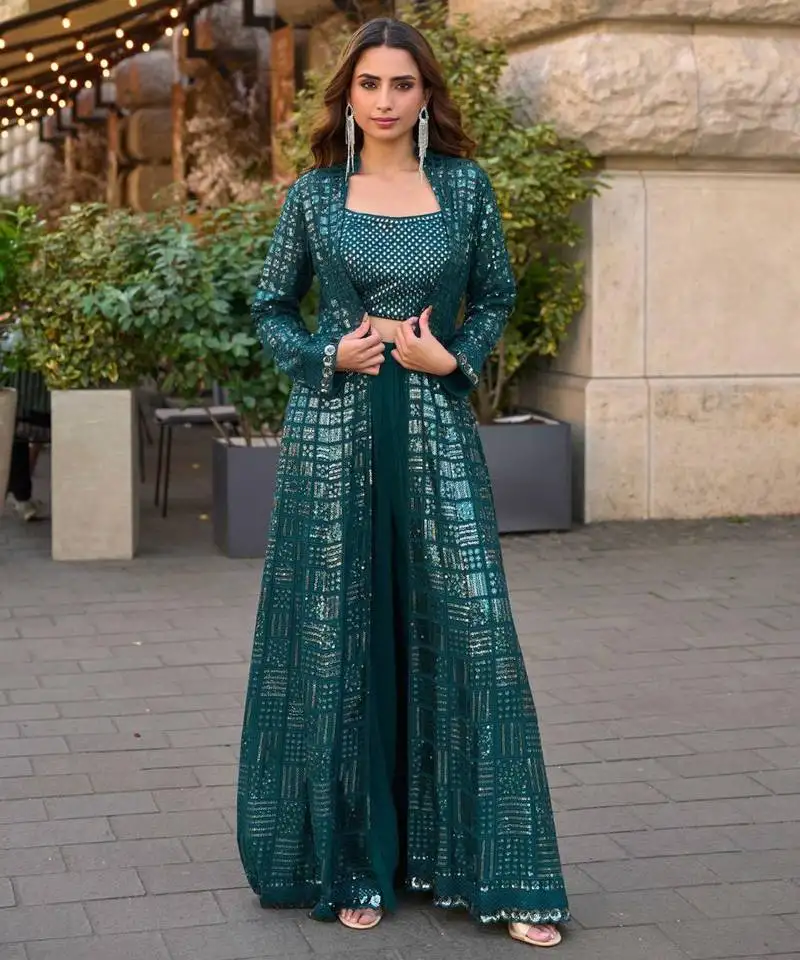 Bottle green chinnon kaftan gharara suit with embroidery, sequins, mirror, gota & tassel work, free size up to 42" stitched