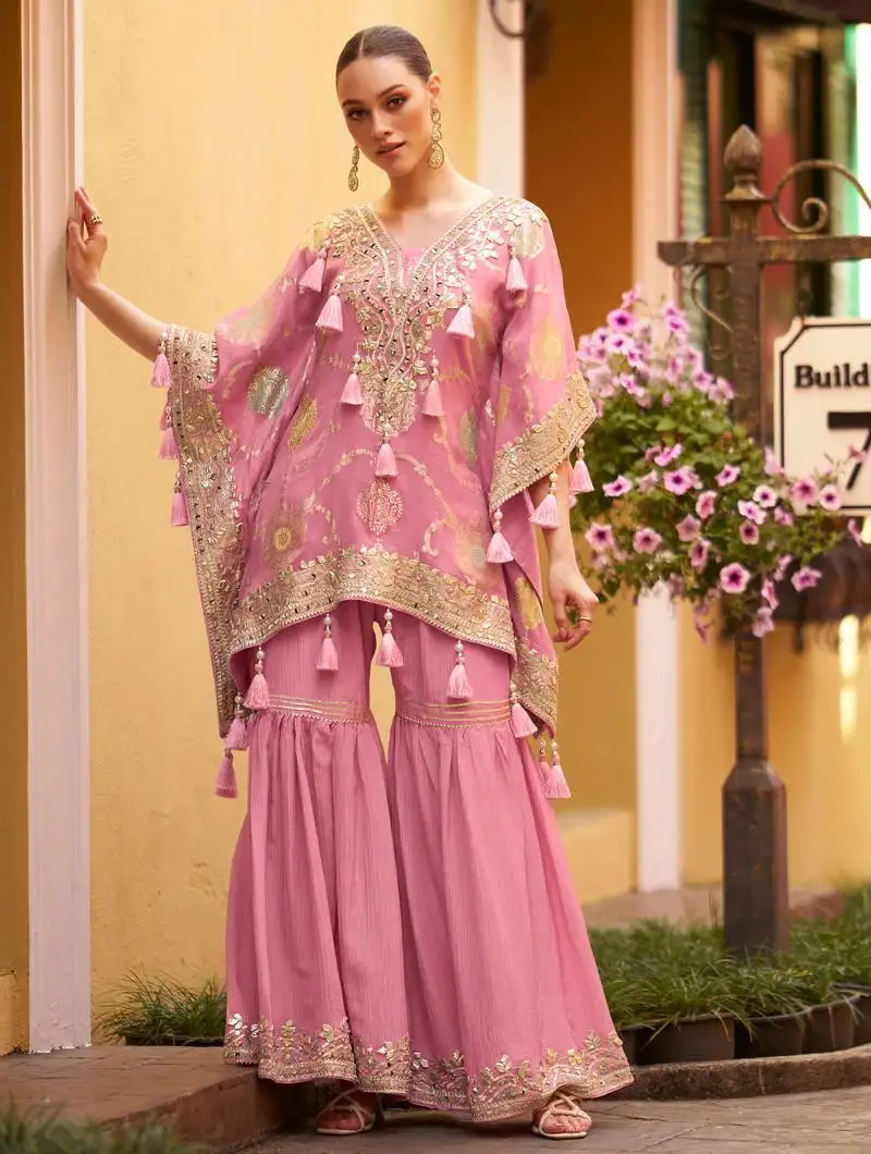 Pink chinnon kaftan suit with embroidery, sequins, mirror, gota & tassel work, free size stitched up to 42"