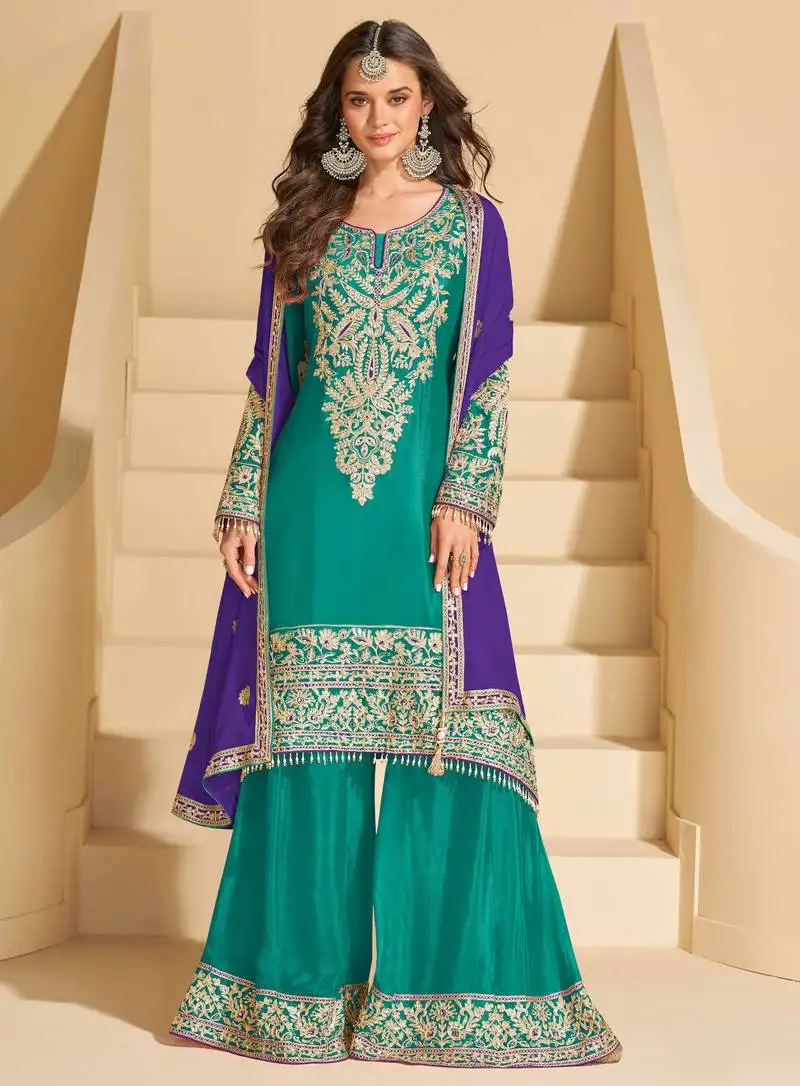 Blue chinnon straight palazzo suit with zari embroidery, beads, mirror & embellished work, free size up to 42" stitched