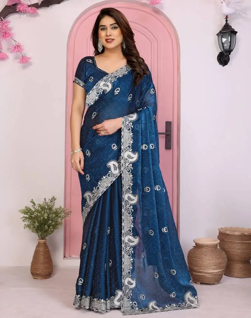 Blue color frendy chiffon fabric designer embroidery and swarovski work partywear saree