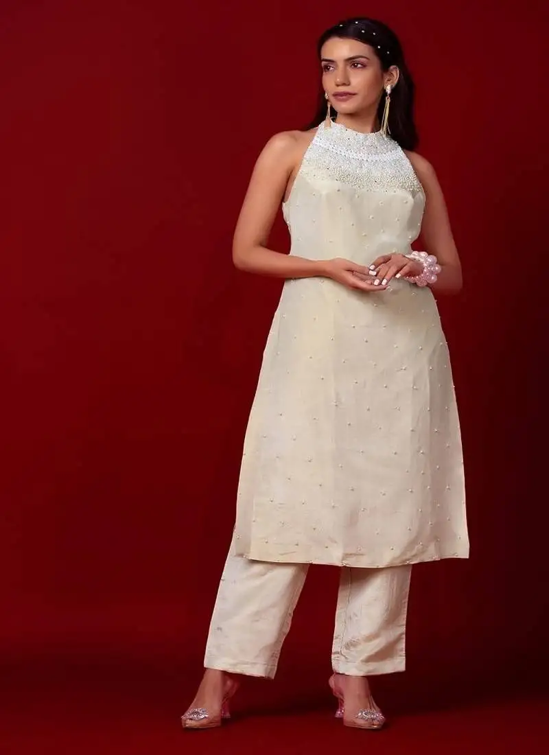 Ivory embroidered tissue kurta set