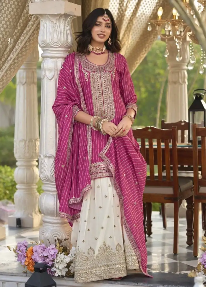 Pink embroidered chinon free size stitched palazzo style salwar suit