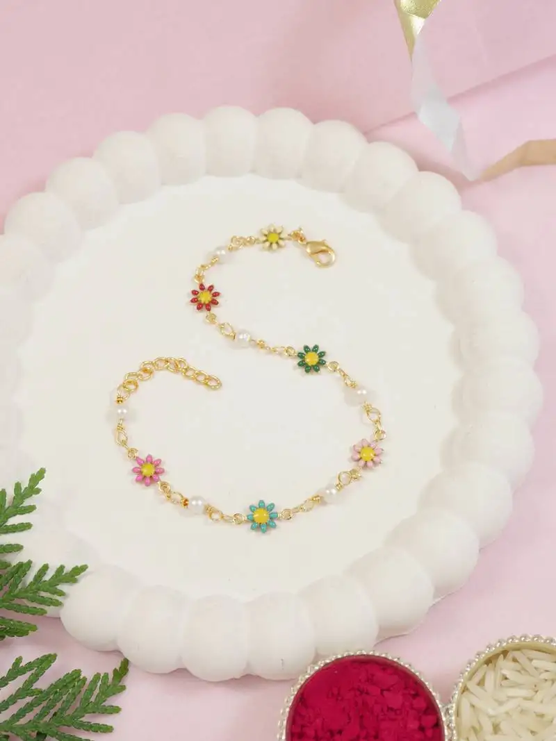 Gold plated floral design snake bracelet with pearls for women