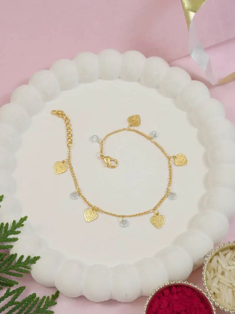 Gold plated heart charm design snake bracelet for women