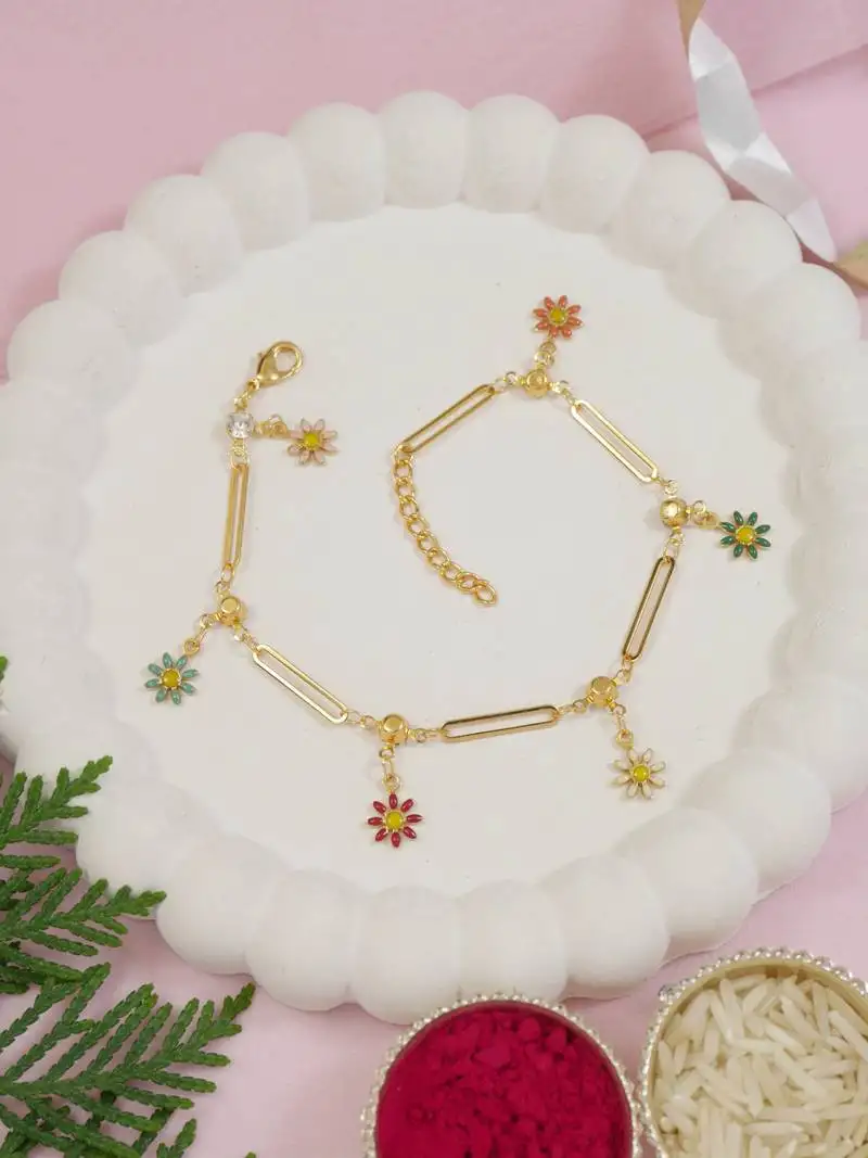 Gold plated crystal & floral charm design snake bracelet for women