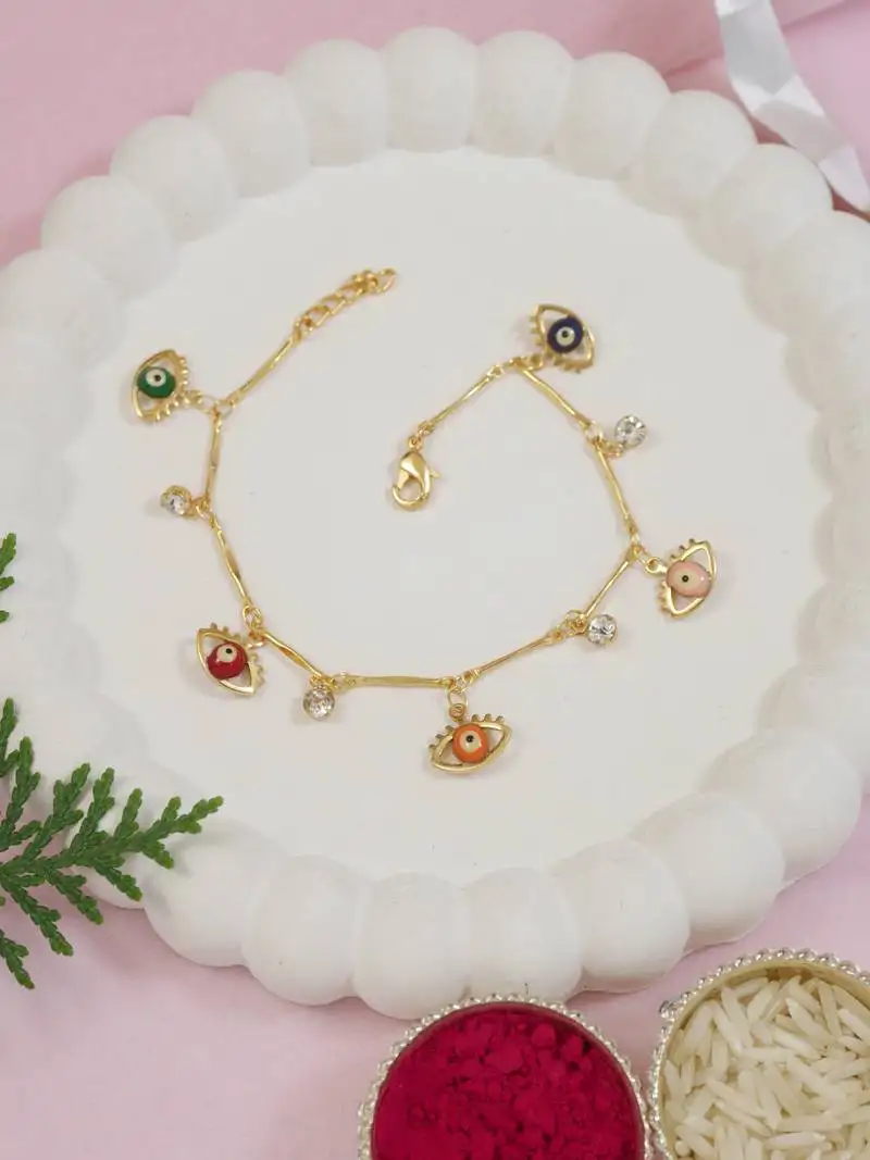 Gold plated evil eye charm design snake bracelet for women