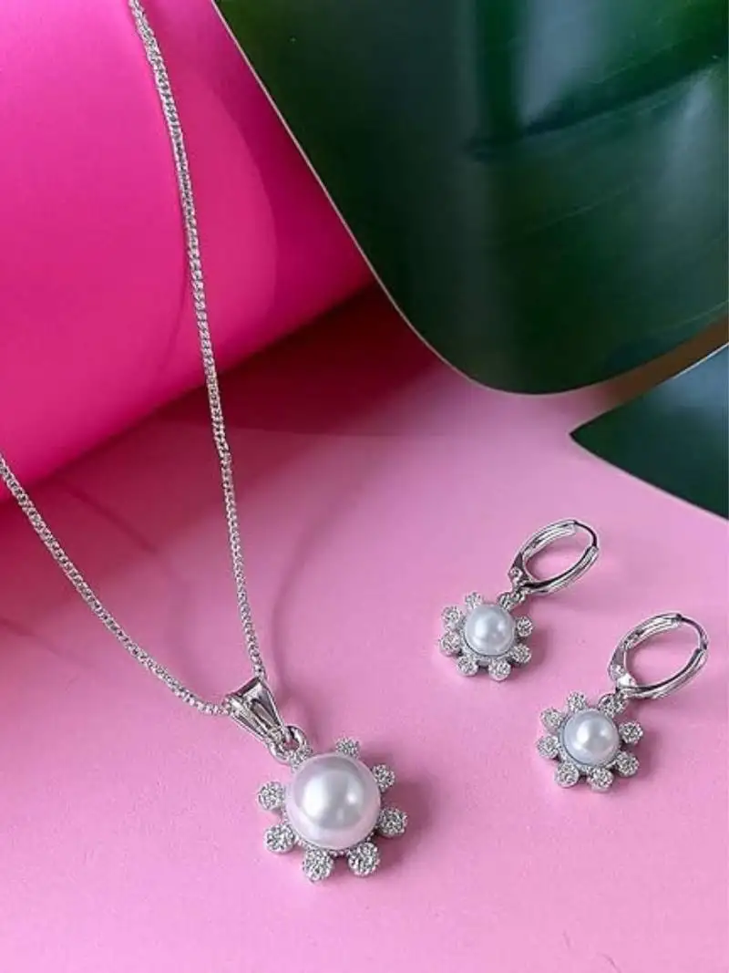 Silver plated cz american diamond chain pendent necklace with earrings jewellery set for women