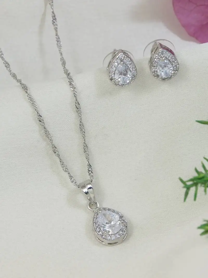 Latest stylish silver plated cz american diamond teardrop pendant necklace & earrings set for women
