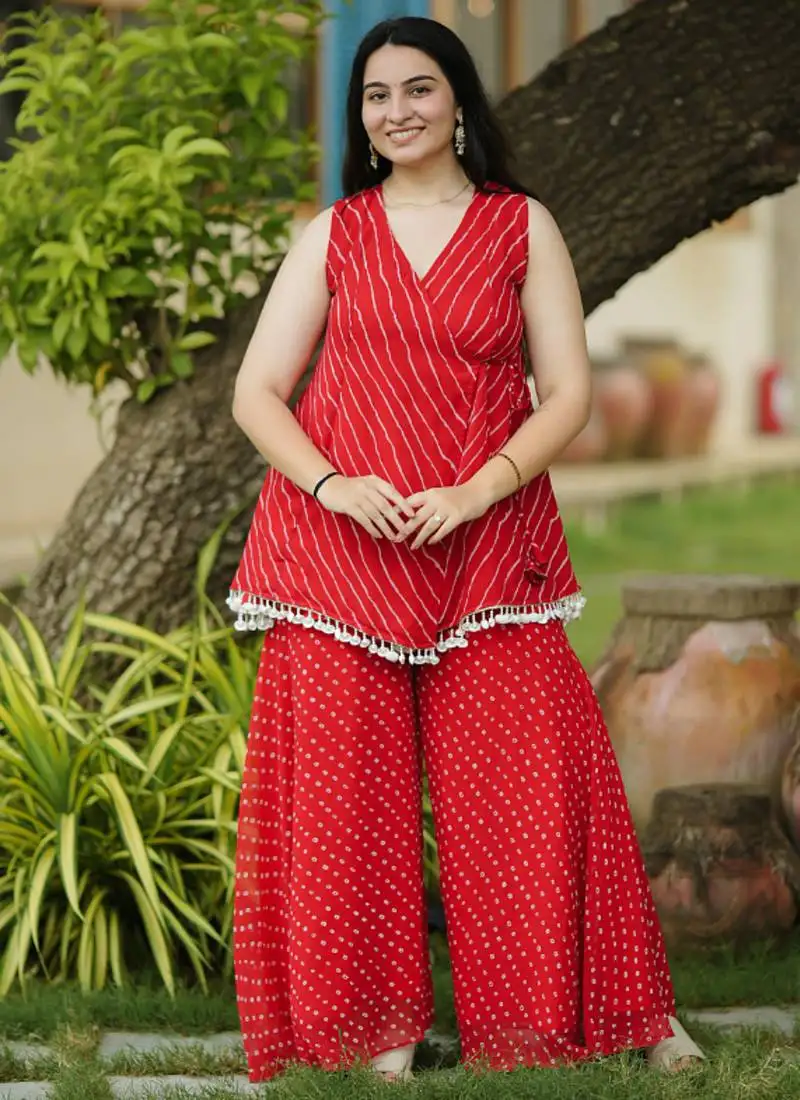 Red leheriya bandhani angarakha kurta with palazo