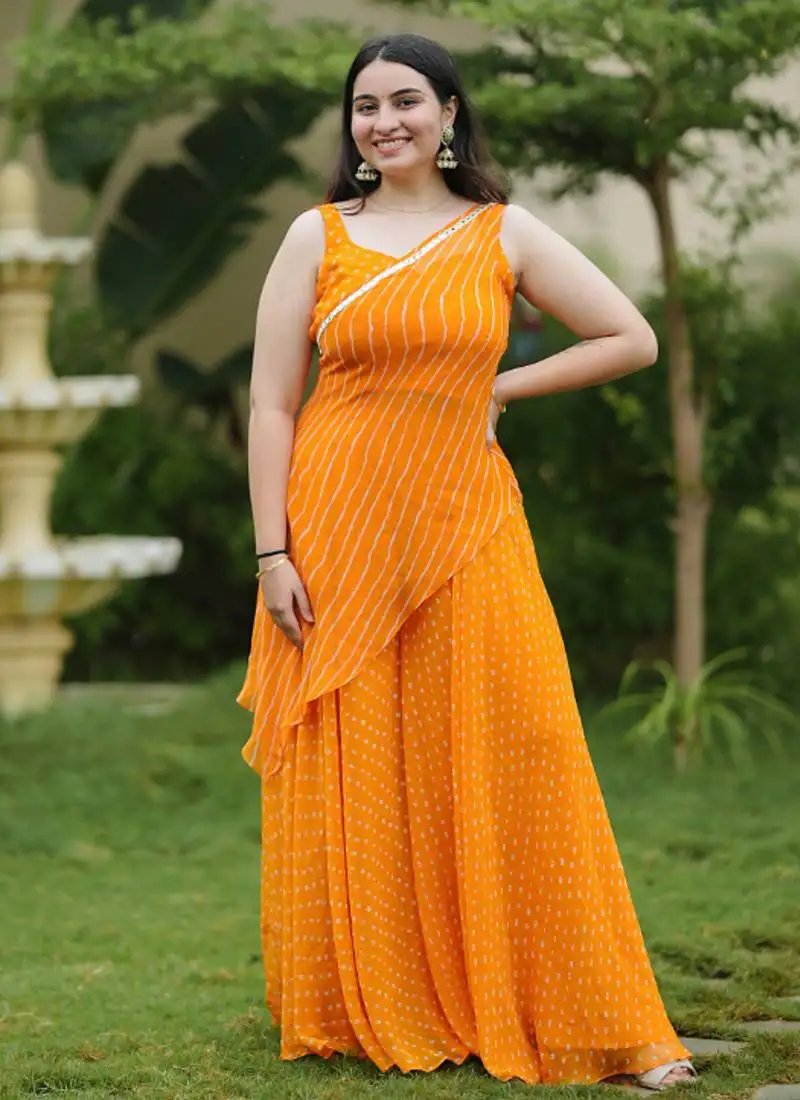 Orange leheriya bandhani kurta - palazo with wrap