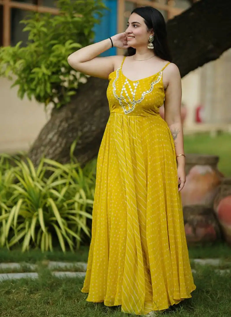 Light green leheriya bandhani long dress