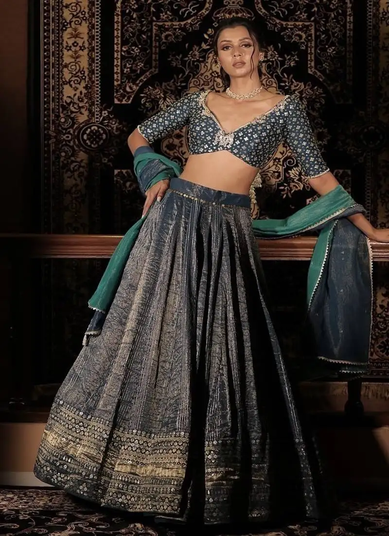 Teal-blue embroidered silk lehenga