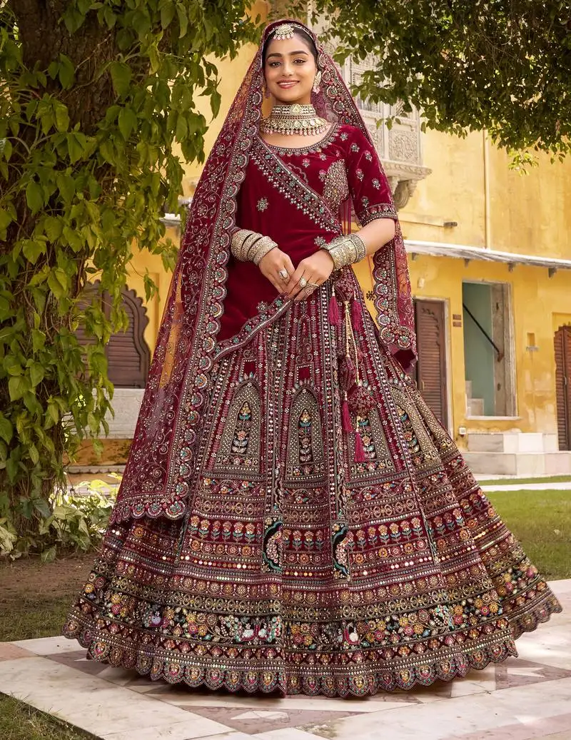 Exclusive maroon bridal lehenga   premium velvet   multi embroidery   5m grand flair   designer double dupatta