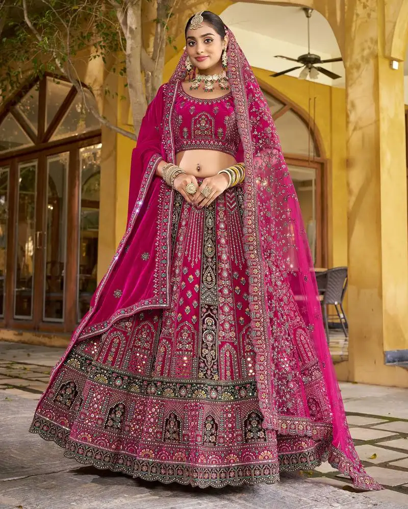 Pink premium bridal lehenga in velvet fabric – zari, zarkan & diamond hand embroidery – 5m flair