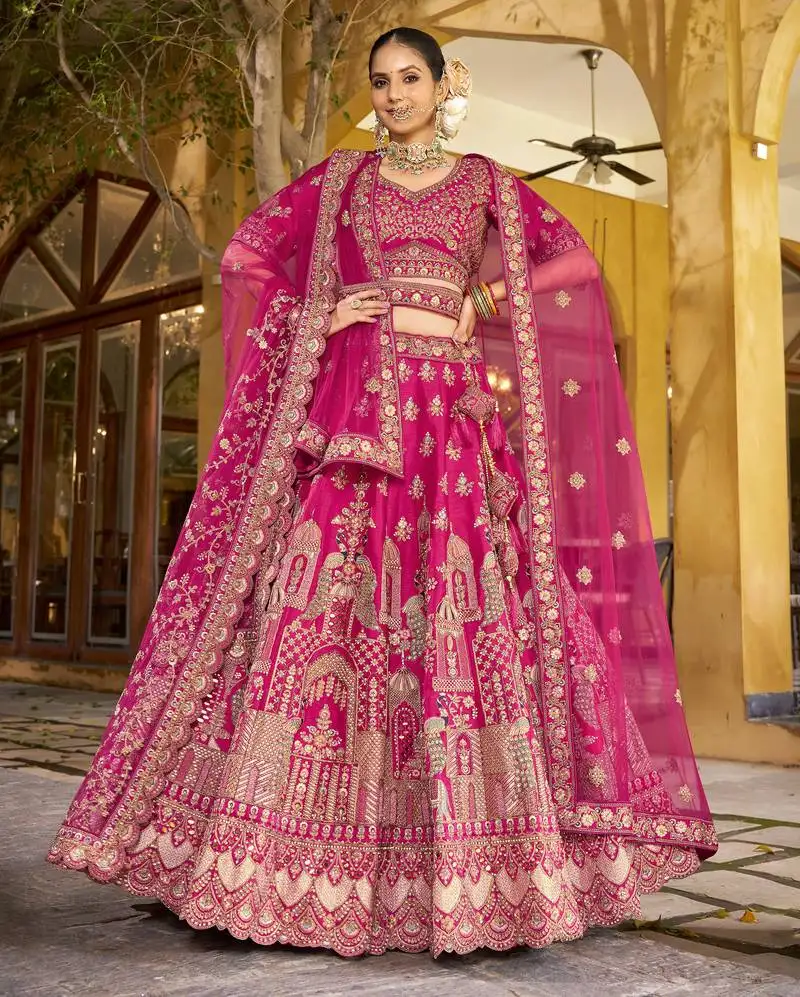 Pink bridal premium silk lehenga 5m flair heavy multi embroidery