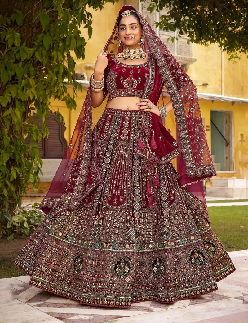 Maroon wedding bridal lehenga double dupatta concept premium silk hand zarkan & diamond work