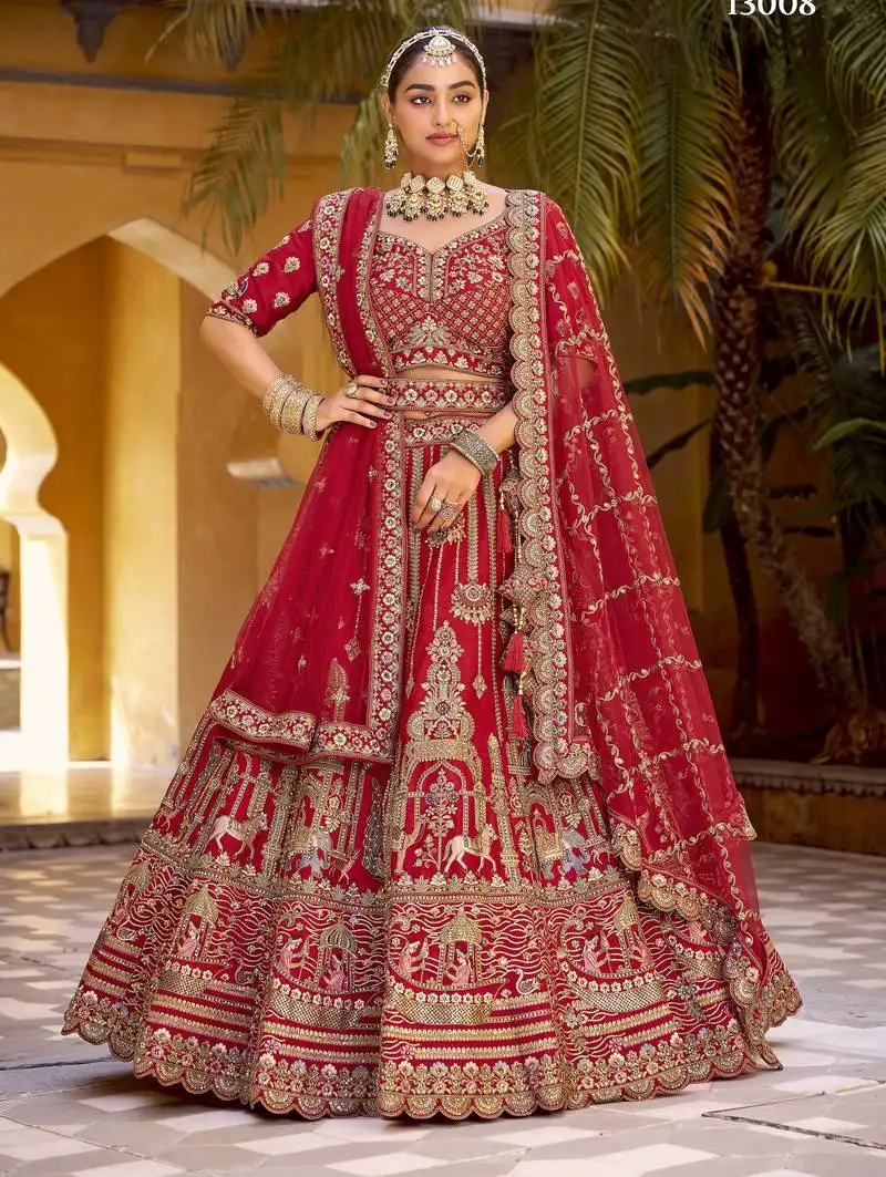 Red premium silk bridal lehenga double dupatta 5m flair hand embroidery & zarkan work