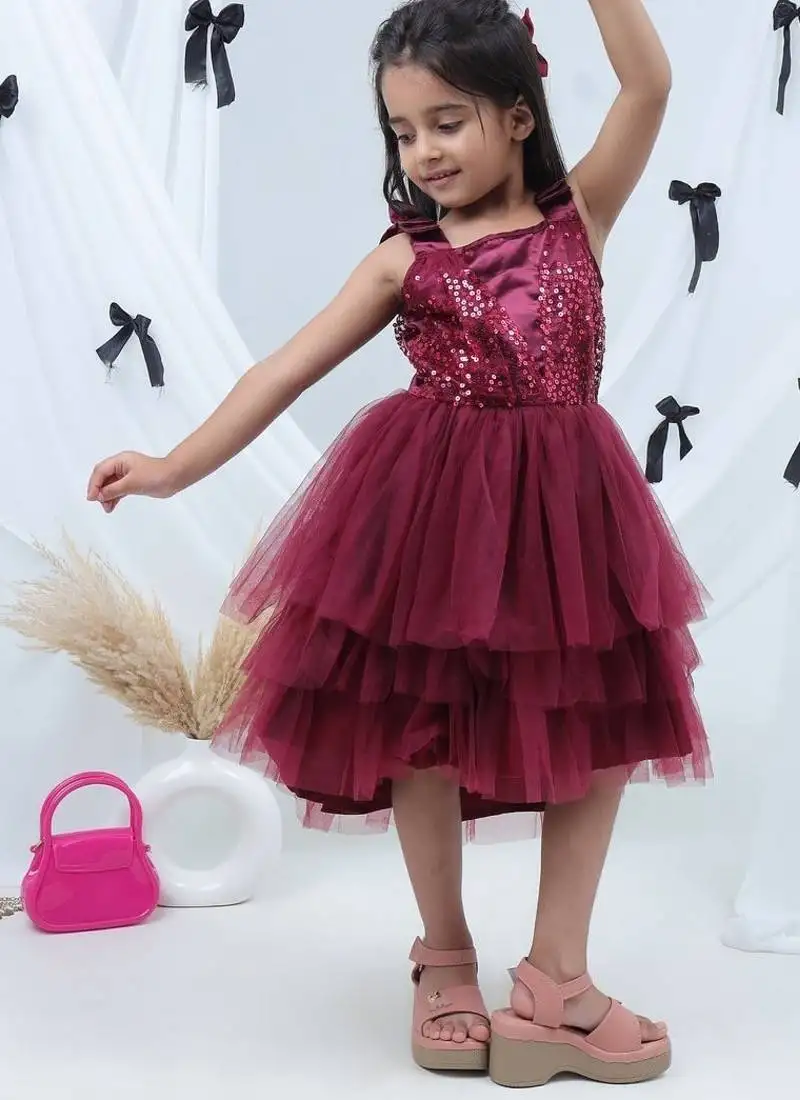 Maroon embroidered net dress