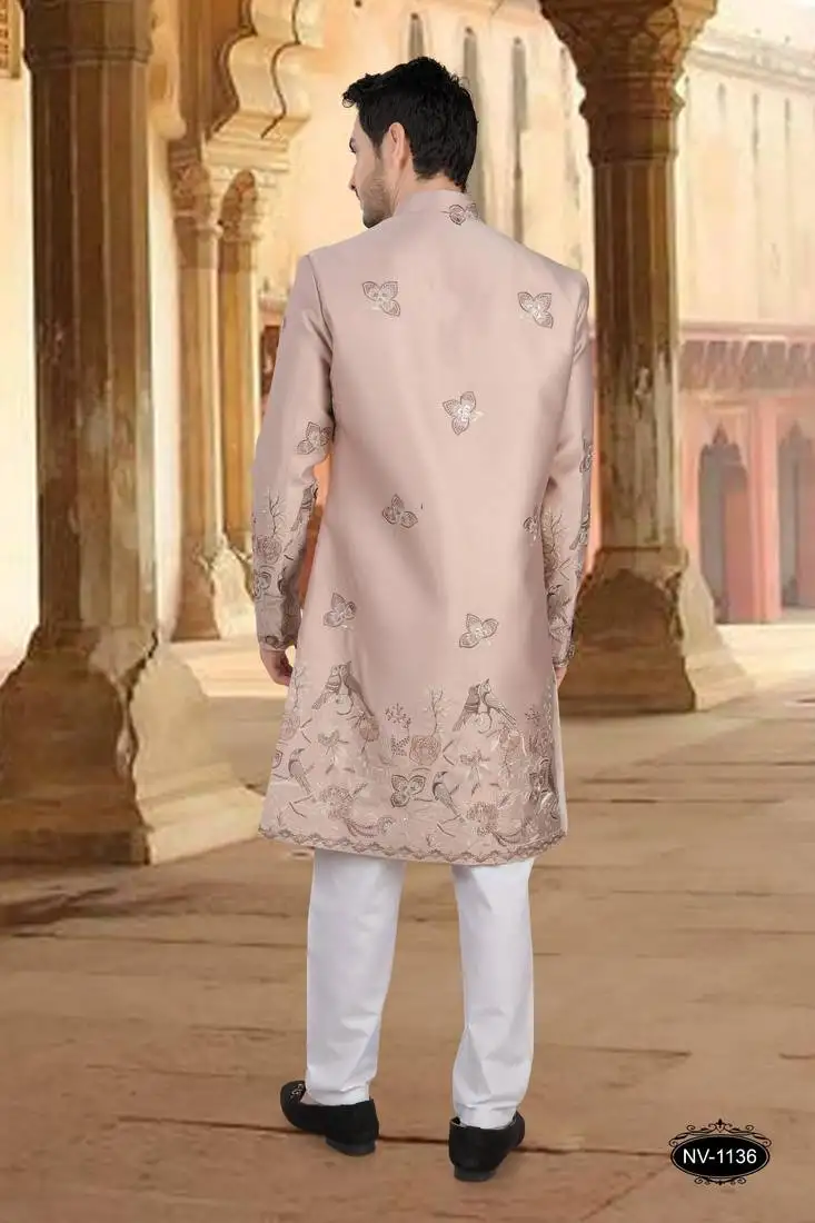 Metalic pink silk embroidery indowestern for mens