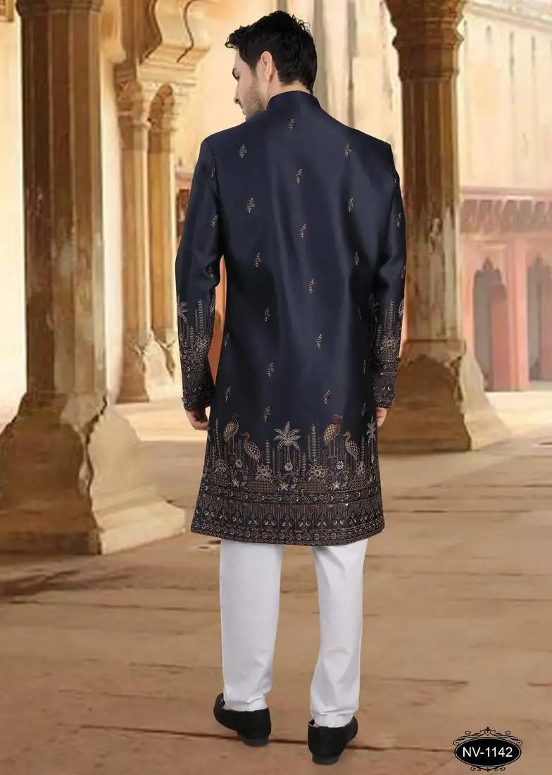 Blue malia silk embroidery indowestern for mens