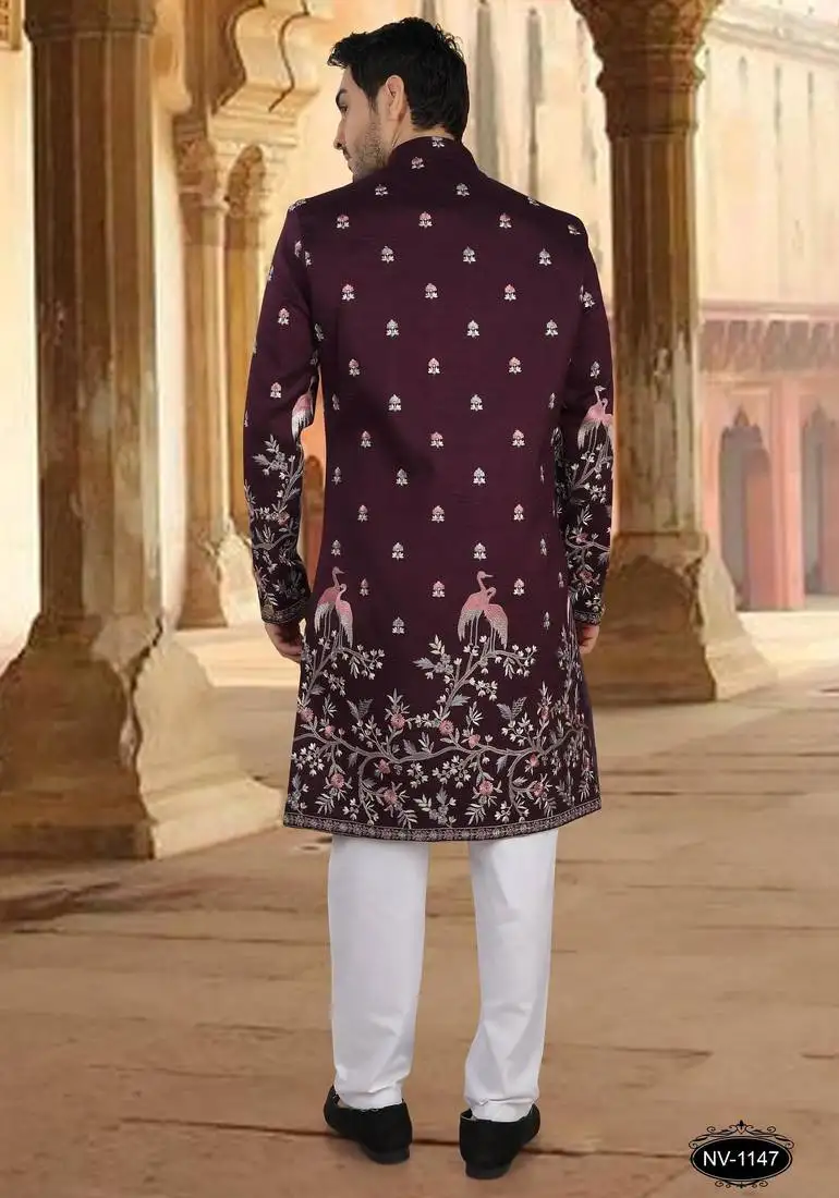 Wine silk embroidery indowestern for mens