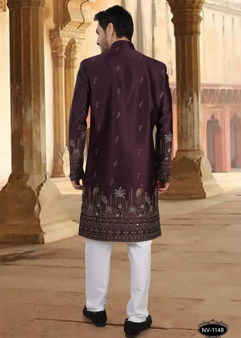 Wine malia silk embroidery indowestern for mens