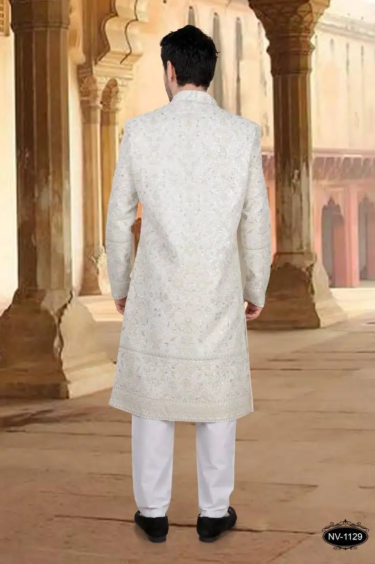 Cream georget embroidery sherwani for mens