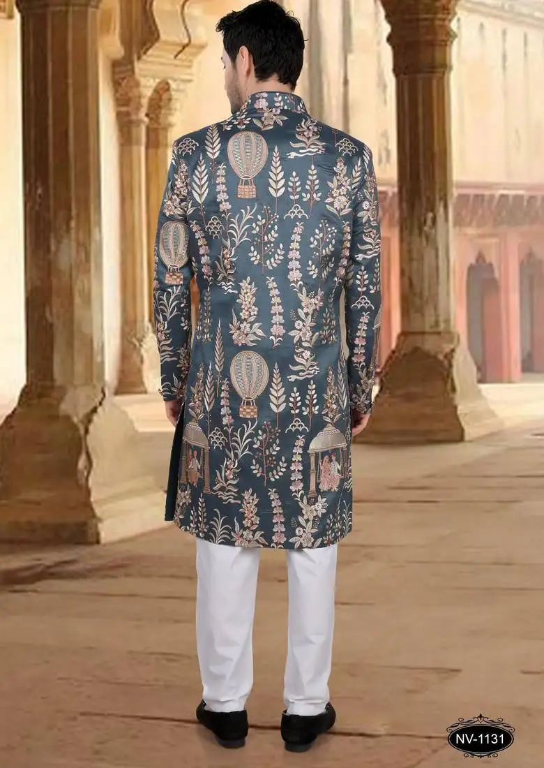 Bluish grey silk embroidery sherwani for mens