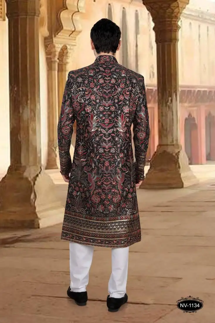 Black silk embroidery sherwani for mens