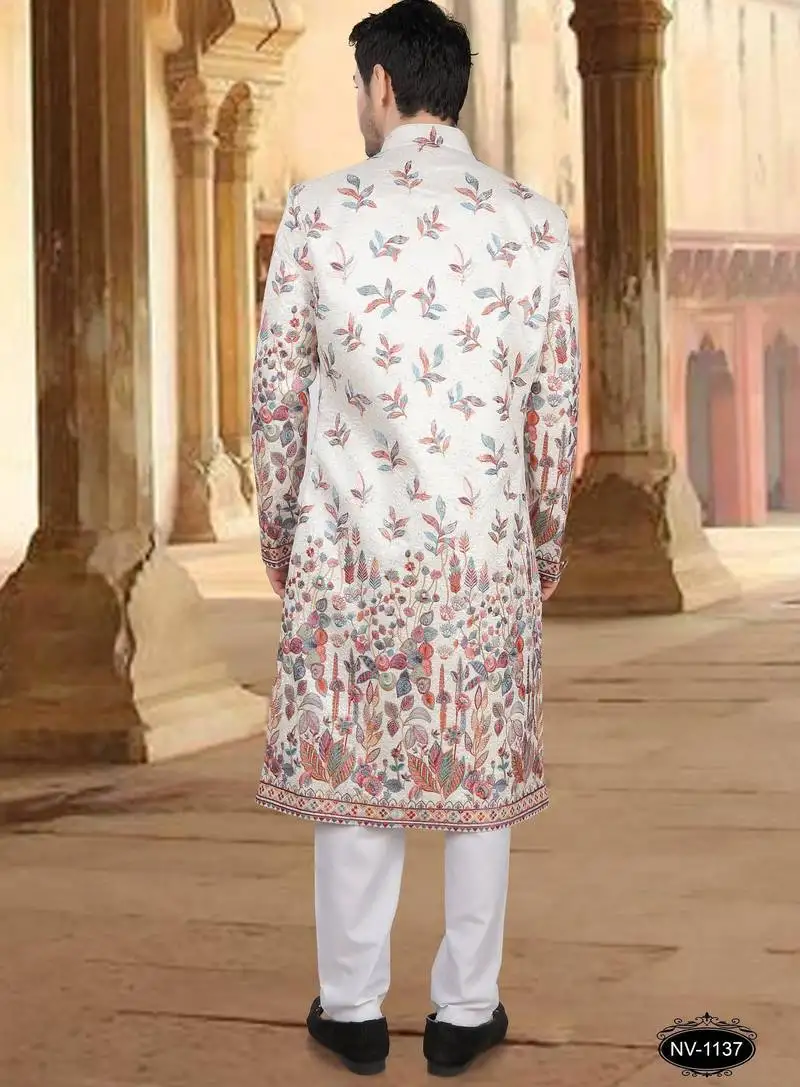 Cream silk embroidery sherwani for mens